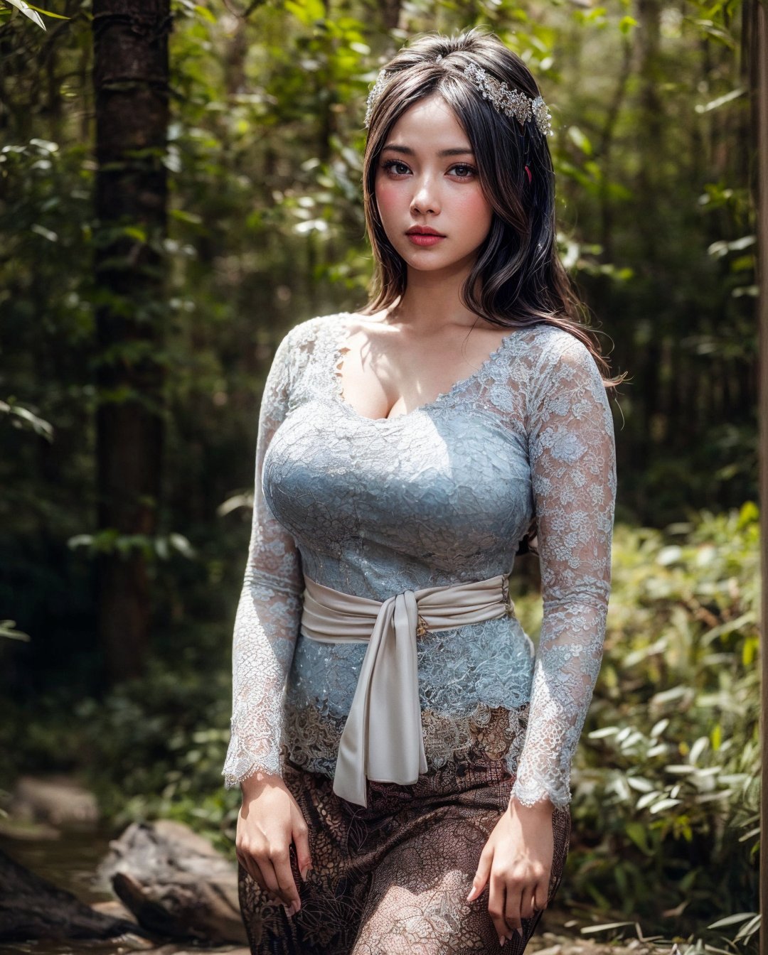 Create a photorealistic masterpiece of a beautiful woman with long hair wearing traditional Indonesian kebaya attire. Set her against a dark, forest backdrop with a captivating glow in the background and bokeh effect. Ensure the image quality is 8K with ultra-realistic details.,kebaya