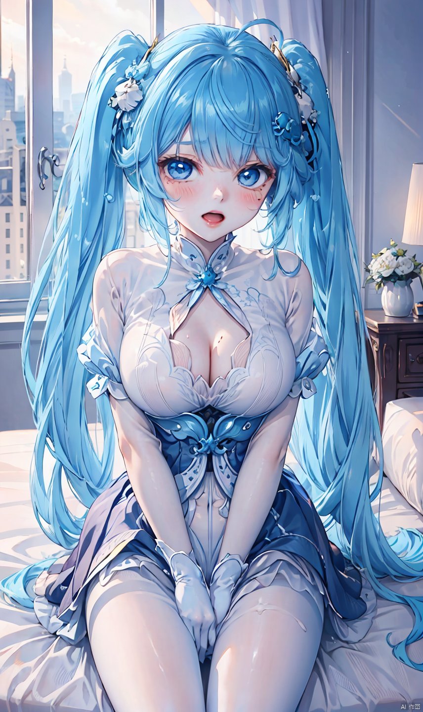 1girl, solo, long hair, twin drills,breasts, looking at viewer, blush, open mouth, bangs, blue eyes, large breasts, hair ornament, gloves, dress, bow, cleavage, twintails, sitting, blue hair, collarbone, ahoge, short sleeves, hair bow, pantyhose, black gloves, striped, puffy sleeves, shiny, indoors, cum, shiny hair, puffy short sleeves, pillow, bed, black bow, on bed, drill hair, cum on body, x hair ornament, facial, cum on breasts, twin drills, cum on hair, purple gloves, grey dress, cum on clothes, striped pantyhose,open dress,pink nipples, breasts,ahoge,bare shoulders<lora:EMS-237410-EMS:0.600000>, <lora:EMS-321991-EMS:0.800000>, <lora:EMS-257251-EMS:0.300000>