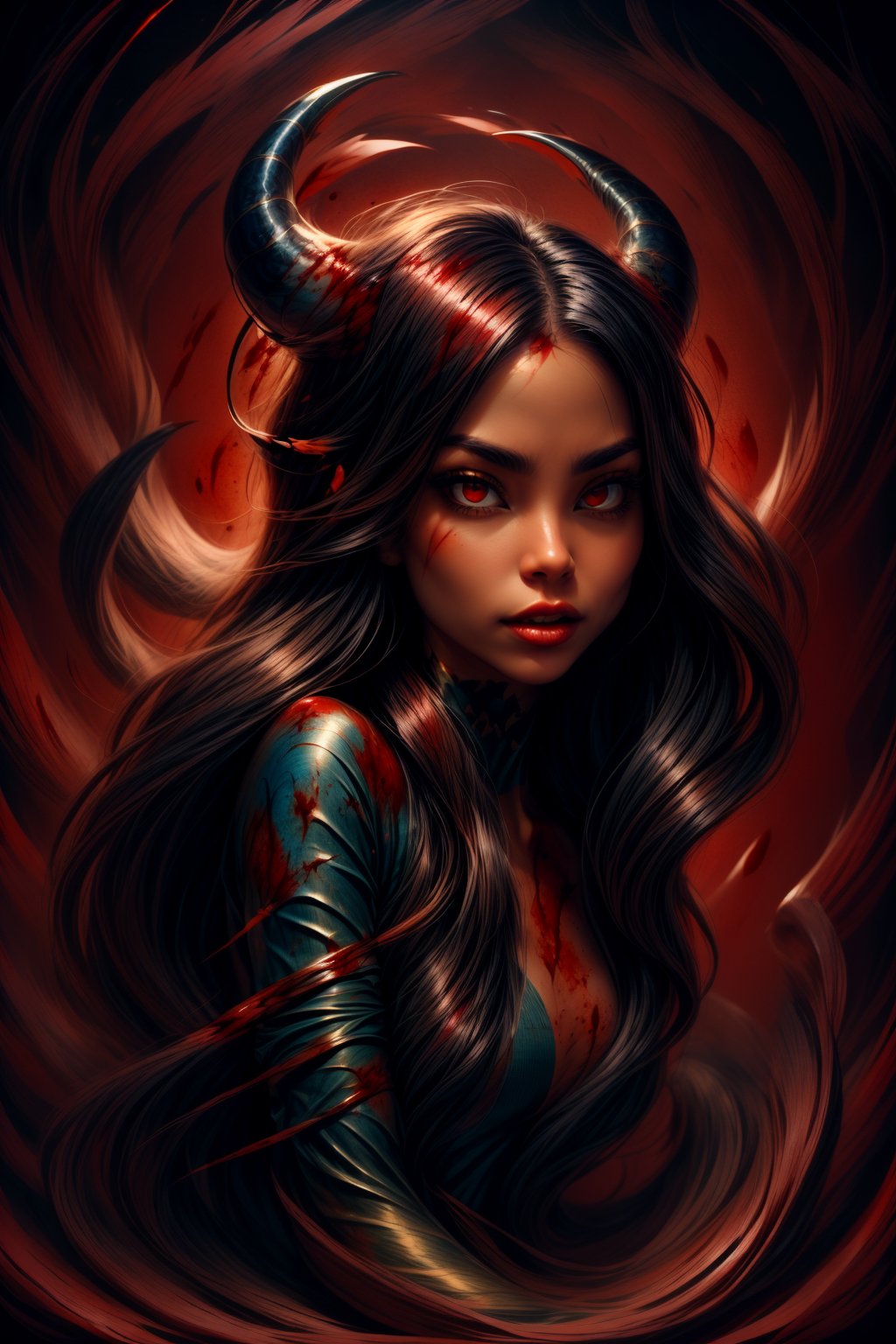 Demon woman, beutiful demon girl, big horns, devil smile, angry, red eyes, black curly hair, dark red background, blood, big eyes, cute face, pandora,pandora,Mysticstyle