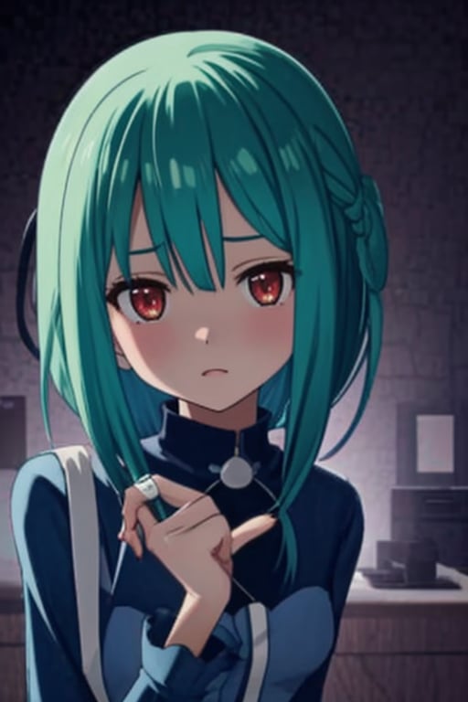 (masterpiece, best quality:1.2), 1girl, anime girl with green hair and blue dress  holding a cell phone, anime girl with teal hair, anime visual of a cute girl, mikudayo, portrait of an anime girl, anime moe artstyle, marin kitagawa fanart, young anime girl, small curvy loli, cute anime waifu in a nice dress, portrait of cute anime girl, made with anime painter studio
