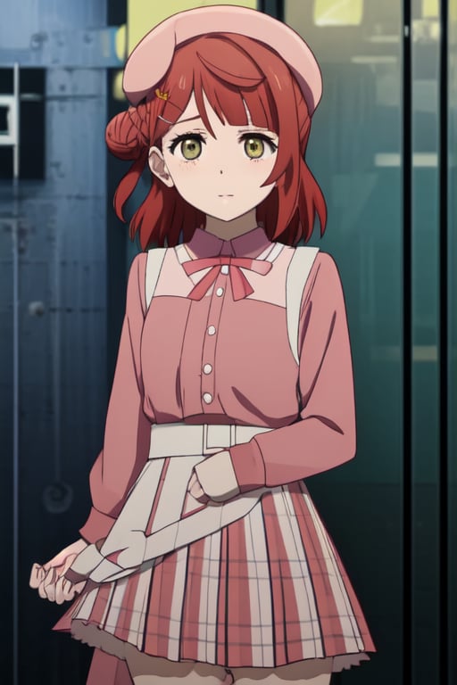 
love live!, love live! nijigasaki high school idol club, uehara ayumu, 1girl, :t, alternate costume, beret, blunt bangs, blush, braid, braided bun, fidgeting, hair bun, hat, high-waist skirt, looking at viewer, medium hair, orange hair, pink headwear, pink shirt, plaid, plaid headwear, red hair, shirt, single side bun, skirt, solo, swept bangs, white sleeves, yellow eyes