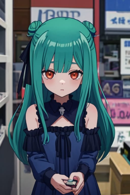 (masterpiece, best quality:1.2), 1girl, anime girl with green hair and blue dress  holding a cell phone, anime girl with teal hair, anime visual of a cute girl, mikudayo, portrait of an anime girl, anime moe artstyle, marin kitagawa fanart, young anime girl, small curvy loli, cute anime waifu in a nice dress, portrait of cute anime girl, made with anime painter studio
