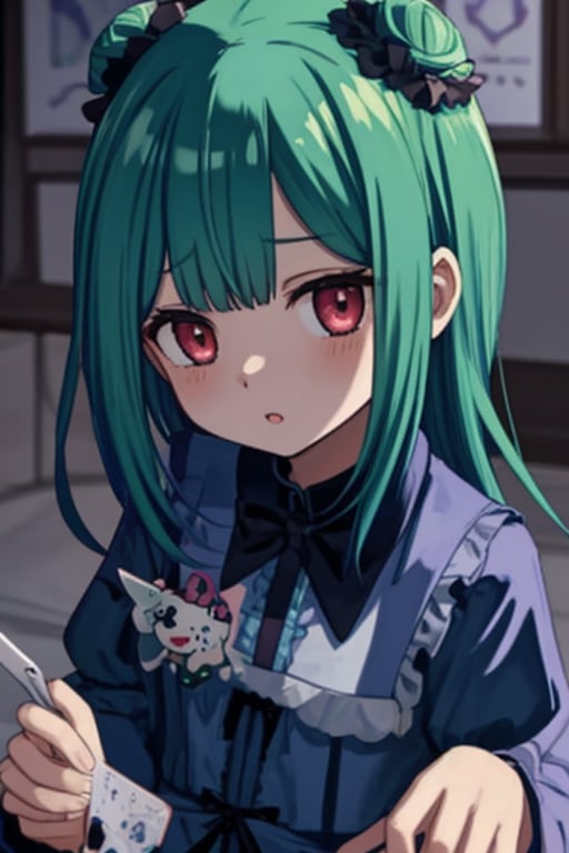 (masterpiece, best quality:1.2), 1girl, anime girl with green hair and blue dress  holding a cell phone, anime girl with teal hair, anime visual of a cute girl, mikudayo, portrait of an anime girl, anime moe artstyle, marin kitagawa fanart, young anime girl, small curvy loli, cute anime waifu in a nice dress, portrait of cute anime girl, made with anime painter studio
