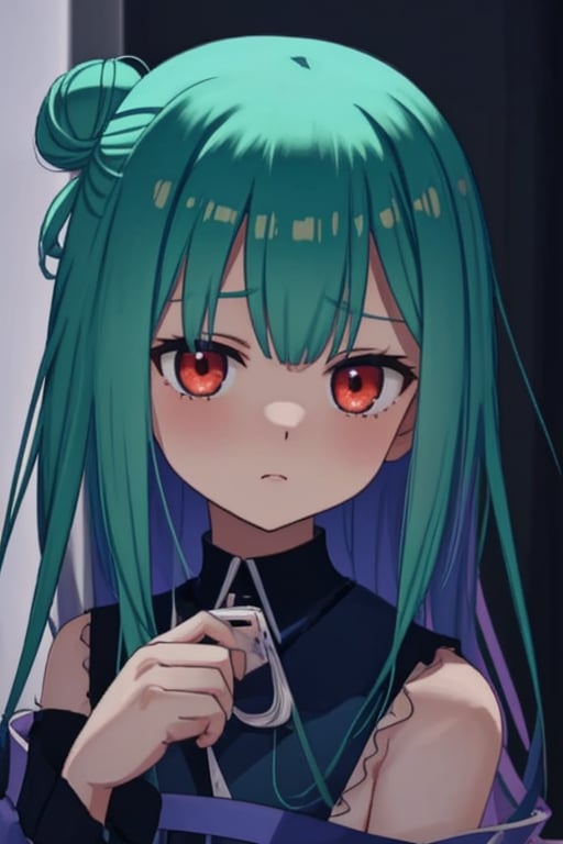 (masterpiece, best quality:1.2), 1girl, anime girl with green hair and blue dress  holding a cell phone, anime girl with teal hair, anime visual of a cute girl, mikudayo, portrait of an anime girl, anime moe artstyle, marin kitagawa fanart, young anime girl, small curvy loli, cute anime waifu in a nice dress, portrait of cute anime girl, made with anime painter studio
