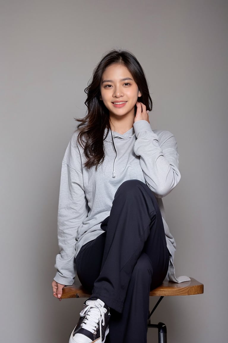 1girl, solo, indonesian girl, (Zee_JKT48), taken with 35mm lens, solid gray background, professional photo, girl 20 y.o, looking at viewer, parted lips, smile, (teeth), big breast, smooth skin, wearing white hoodie, trousers, sneakers, cowboy shots, slender legs, smooth skin, muted color photo, masterpiece, realistic, raw photo, photorealistic, Masterpiece, Extremely Realistic, Raw Photo,flash