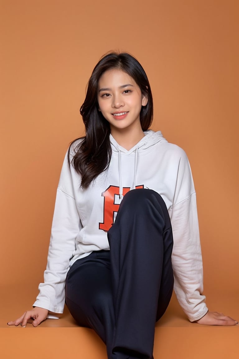 1girl, solo, indonesian girl, (Zee_JKT48), taken with 35mm lens, solid orange background, professional photo, girl 20 y.o, looking at viewer, parted lips, smile, (teeth), big breast, smooth skin, wearing white hoodie, trousers, sneakers, slender legs, smooth skin, muted color photo, masterpiece, realistic, raw photo, photorealistic, Masterpiece, Extremely Realistic, Raw Photo,flash