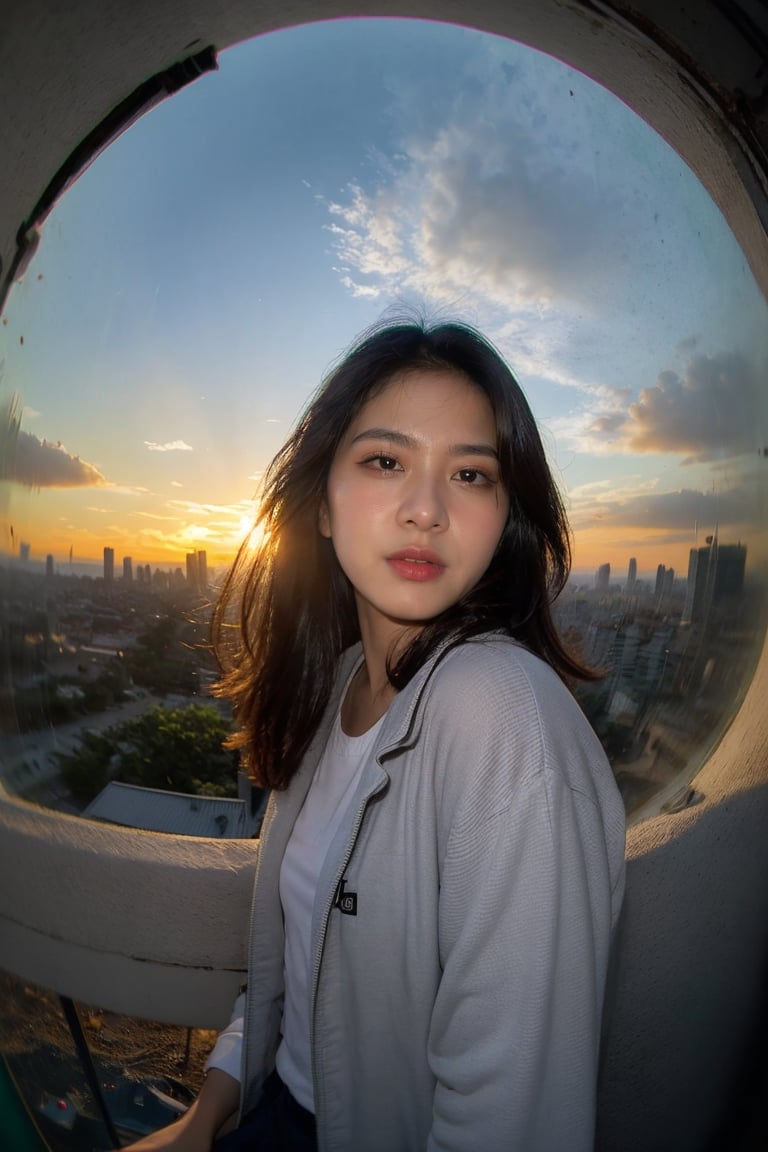 1girl, solo, indonesian girl, (Zee_JKT48), top down selfie fisheye selfie shot, depth effect, volumetric light, sunset casual jacket, confident pose, atmospheric cinematic background, vibrant colors, soft bokeh, artistic ambiance, subtle lighting, professional photo, masterpiece, realistic, raw photo, photorealistic, Masterpiece, Extremely Realistic, Raw Photo,flash