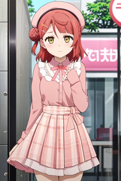 
love live!, love live! nijigasaki high school idol club, uehara ayumu, 1girl, :t, alternate costume, beret, blunt bangs, blush, braid, braided bun, fidgeting, hair bun, hat, high-waist skirt, looking at viewer, medium hair, orange hair, pink headwear, pink shirt, plaid, plaid headwear, red hair, shirt, single side bun, skirt, solo, swept bangs, white sleeves, yellow eyes