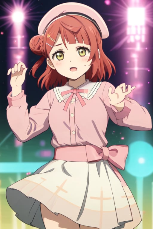 
love live!, love live! nijigasaki high school idol club, uehara ayumu, 1girl, :t, alternate costume, beret, blunt bangs, blush, braid, braided bun, fidgeting, hair bun, hat, high-waist skirt, looking at viewer, medium hair, orange hair, pink headwear, pink shirt, plaid, plaid headwear, red hair, shirt, single side bun, skirt, solo, swept bangs, white sleeves, yellow eyes