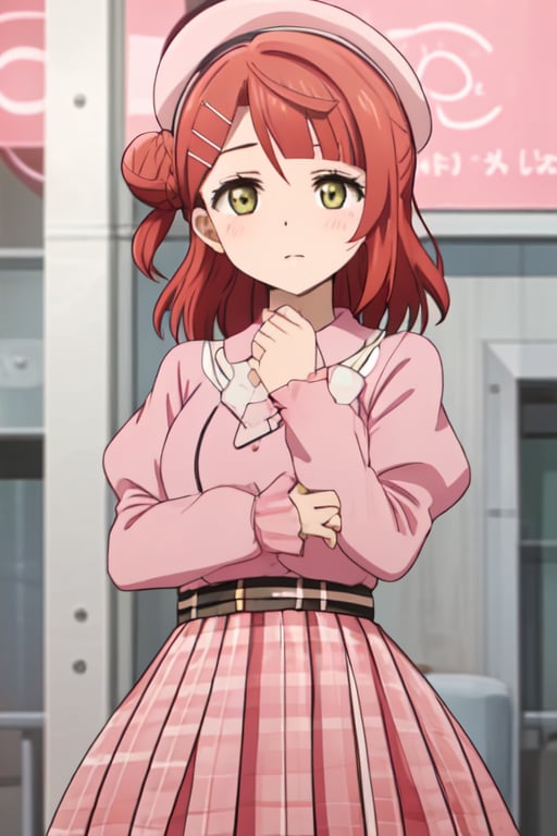 
love live!, love live! nijigasaki high school idol club, uehara ayumu, 1girl, :t, alternate costume, beret, blunt bangs, blush, braid, braided bun, fidgeting, hair bun, hat, high-waist skirt, looking at viewer, medium hair, orange hair, pink headwear, pink shirt, plaid, plaid headwear, red hair, shirt, single side bun, skirt, solo, swept bangs, white sleeves, yellow eyes