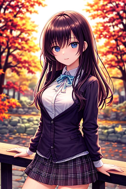 (masterpiece), best quality, high resolution, highly detailed, detailed background, perfect lighting, 1girl, hair over eyes, light blue eyes, medium breasts, plaid skirt, autumn,