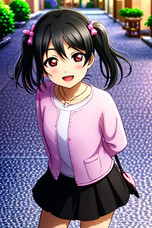 (masterpiece, best quality, ultra-detailed), (illustration), (beautiful detailed eyes), (1girl), (solo), yazawa nico, twintails, red eyes, black hair, hair bow, single sidelock, , looking at viewer, blush, smile, open mouth, skirt, shirt,long sleeves, hair between eyes, jewelry, collarbone, white shirt, :d, outdoors, open clothes, black skirt, necklace, bag, sweater, arms behind back, cardigan, handbag, open cardigan, pink sweater, pink cardigan,yazawa nico