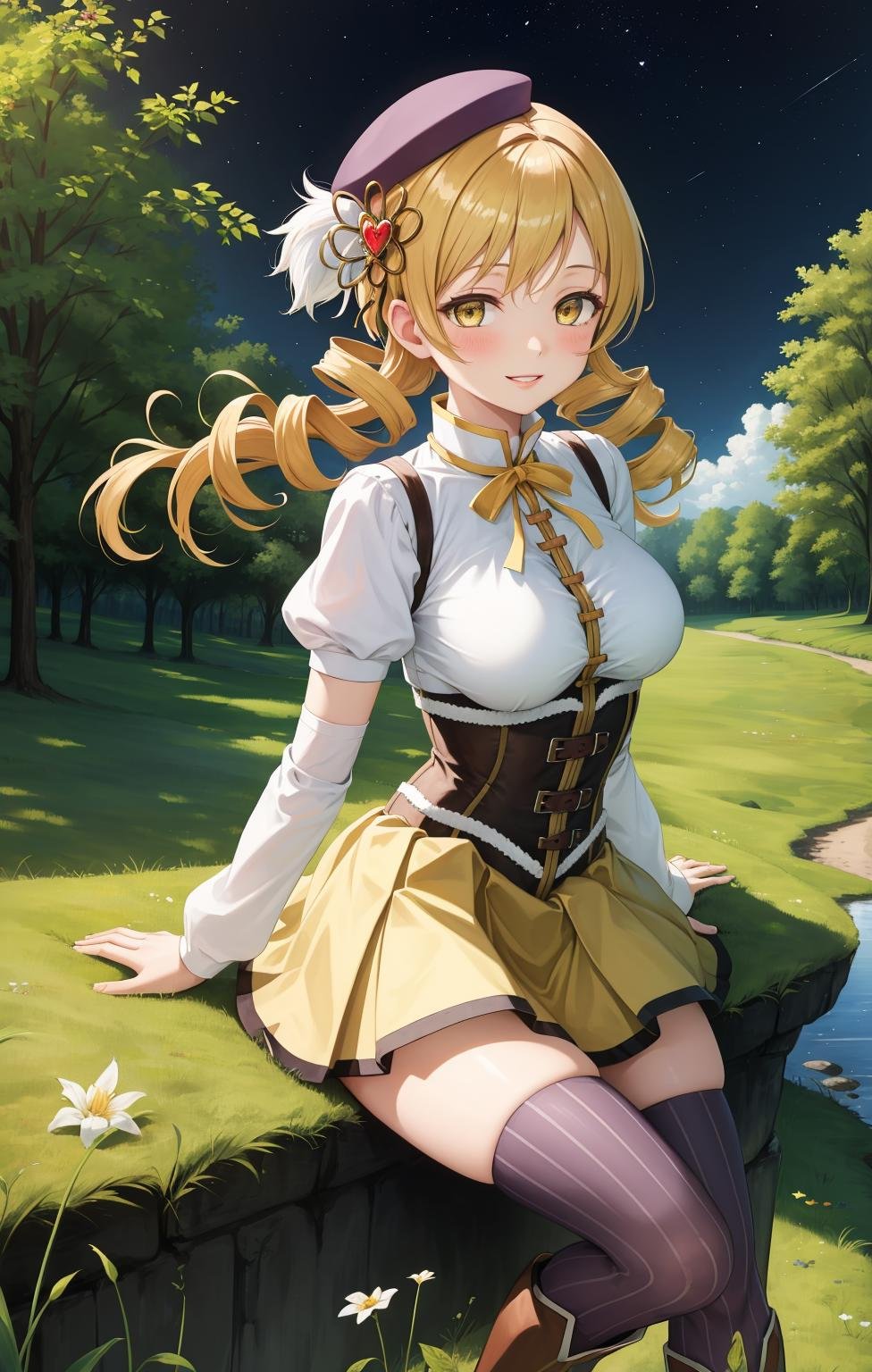 masterpiece, best quality, highres,MamiAi, 1girl, solo, yellow eyes, blonde hair, drill hair, twin drills, shiny, shiny hair, breasts, blush, smile, bangs, large breasts, neck ribbon, hair ornament, ribbon, parted lips, ;), light blush, yellow ribbon, hairpin, dot nose, magical girl, tomoe mami,skirt, shirt, thighhighs, long sleeves, hat, short sleeves, heart, thighs, pleated skirt, boots, detached sleeves, striped, puffy sleeves, puffy short sleeves, zettai ryouiki, black headwear, beret, brown footwear, knee boots, feathers, corset, striped thighhighs, vertical stripes, high collar, brown thighhighs, yellow skirt, vertical-striped thighhighs,sitting, cowboy shot, looking at viewer, arms behind back, outdoors, forest, field, night, night sky, starry sky, <lora:Mami:1>