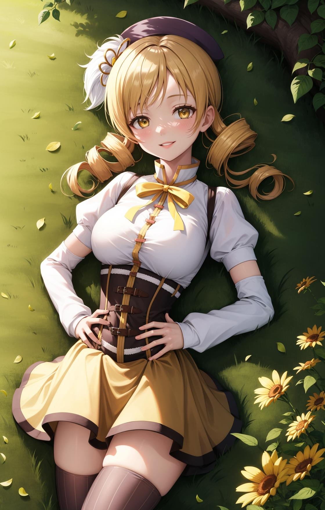masterpiece, best quality, highres,MamiAi, 1girl, solo, yellow eyes, blonde hair, drill hair, twin drills, shiny, shiny hair, breasts, blush, smile, bangs, large breasts, neck ribbon, hair ornament, ribbon, parted lips, ;), light blush, yellow ribbon, hairpin, dot nose, magical girl, tomoe mami,skirt, shirt, thighhighs, long sleeves, hat, short sleeves, heart, thighs, pleated skirt, boots, detached sleeves, striped, puffy sleeves, puffy short sleeves, zettai ryouiki, black headwear, beret, brown footwear, knee boots, feathers, corset, striped thighhighs, vertical stripes, high collar, brown thighhighs, yellow skirt, vertical-striped thighhighs,lying, on back, cowboy shot, looking at viewer, hands on own hips, outdoors, field, shadow, on grass, <lora:Mami:1>