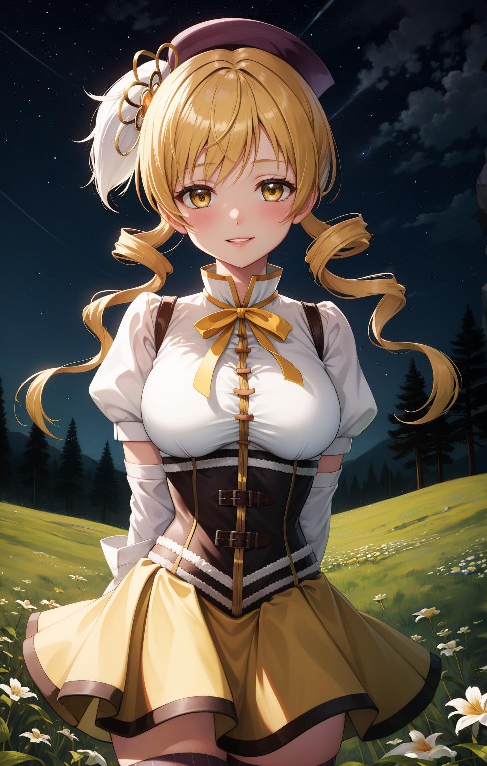 masterpiece, best quality, highres,MamiAi, 1girl, solo, yellow eyes, blonde hair, drill hair, twin drills, shiny, shiny hair, breasts, blush, smile, bangs, large breasts, neck ribbon, hair ornament, ribbon, parted lips, ;), light blush, yellow ribbon, hairpin, dot nose, magical girl, tomoe mami,skirt, shirt, thighhighs, long sleeves, hat, short sleeves, heart, thighs, pleated skirt, boots, detached sleeves, striped, puffy sleeves, puffy short sleeves, zettai ryouiki, black headwear, beret, brown footwear, knee boots, feathers, corset, striped thighhighs, vertical stripes, high collar, brown thighhighs, yellow skirt, vertical-striped thighhighs,upper body, looking at viewer, arms behind back, outdoors, forest, field, night, night sky, starry sky, <lora:Mami:1>