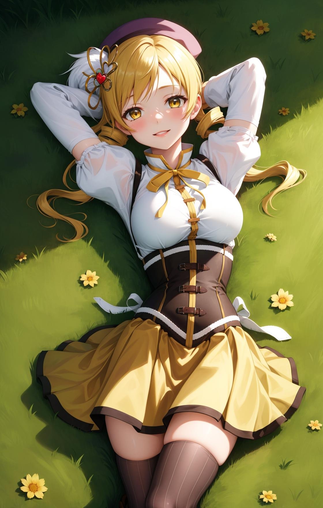 masterpiece, best quality, highres,MamiAi, 1girl, solo, yellow eyes, blonde hair, drill hair, twin drills, shiny, shiny hair, breasts, blush, smile, bangs, large breasts, neck ribbon, hair ornament, ribbon, parted lips, ;), light blush, yellow ribbon, hairpin, dot nose, magical girl, tomoe mami,skirt, shirt, thighhighs, long sleeves, hat, short sleeves, heart, thighs, pleated skirt, boots, detached sleeves, striped, puffy sleeves, puffy short sleeves, zettai ryouiki, black headwear, beret, brown footwear, knee boots, feathers, corset, striped thighhighs, vertical stripes, high collar, brown thighhighs, yellow skirt, vertical-striped thighhighs,lying, on back, cowboy shot, looking at viewer, arms behind head, outdoors, field, shadow, on grass, <lora:Mami:1>