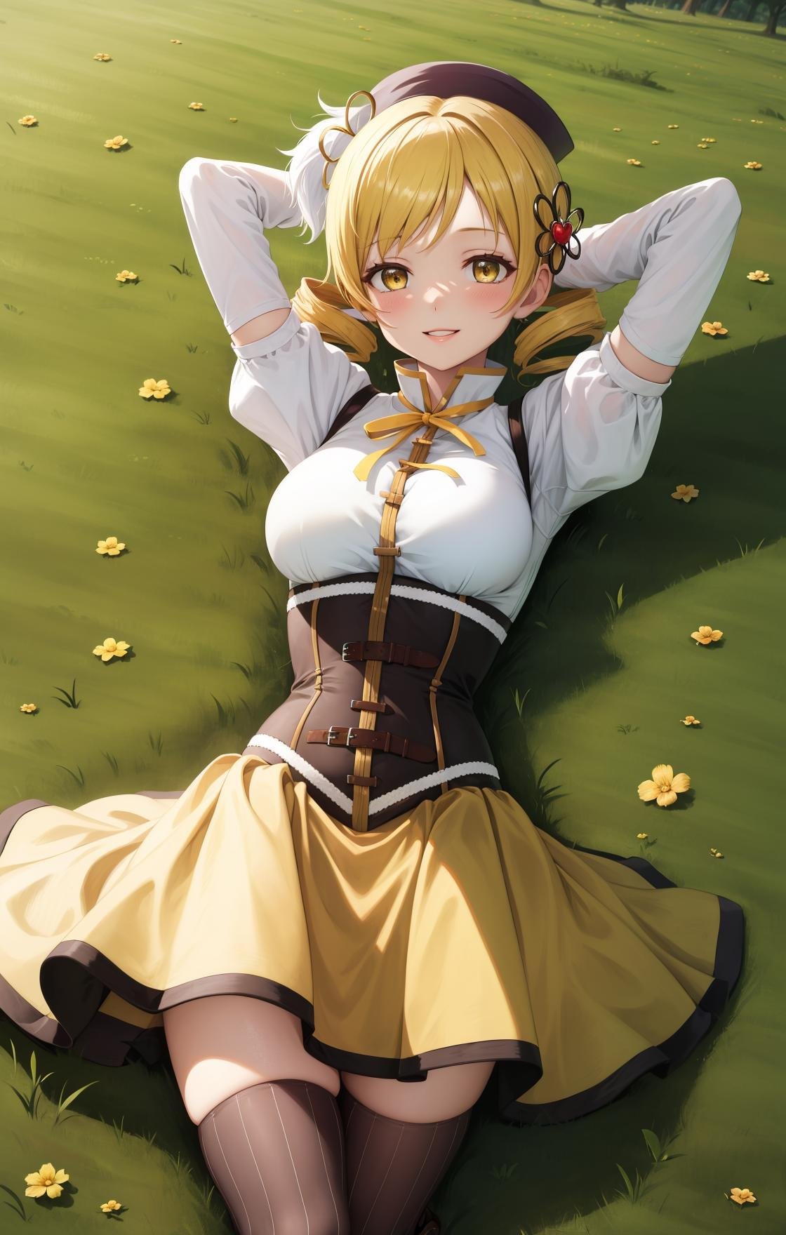 masterpiece, best quality, highres,MamiAi, 1girl, solo, yellow eyes, blonde hair, drill hair, twin drills, shiny, shiny hair, breasts, blush, smile, bangs, large breasts, neck ribbon, hair ornament, ribbon, parted lips, ;), light blush, yellow ribbon, hairpin, dot nose, magical girl, tomoe mami,skirt, shirt, thighhighs, long sleeves, hat, short sleeves, heart, thighs, pleated skirt, boots, detached sleeves, striped, puffy sleeves, puffy short sleeves, zettai ryouiki, black headwear, beret, brown footwear, knee boots, feathers, corset, striped thighhighs, vertical stripes, high collar, brown thighhighs, yellow skirt, vertical-striped thighhighs,lying, on back, cowboy shot, looking at viewer, arms behind head, outdoors, field, shadow, on grass, <lora:Mami:1>