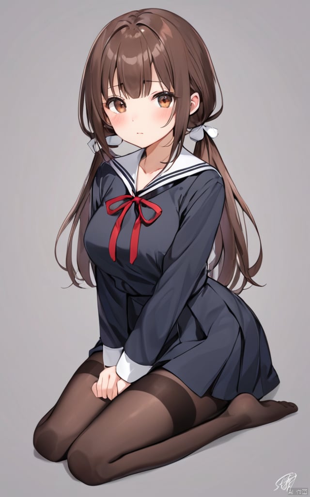 1girl, solo, brown hair, pantyhose, shuuchiin academy school uniform, school uniform, red ribbon, ribbon, brown eyes, twintails, no shoes, looking at viewer, long sleeves, bangs, sitting, dress, neck ribbon, blush, low twintails, wariza, long hair, between legs, closed mouth, black pantyhose, black dress, hand between legs, breasts, armband, full body, simple background, grey background, signature, thighband pantyhose, collared dress, collarbone, white background, arm support