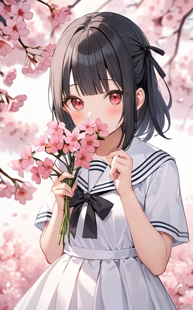 1girl, solo, dress, shinomiya kaguya, ribbon, black hair, flower, red eyes, white dress, bangs, short sleeves, holding, folded ponytail, black ribbon, hair ribbon, parted bangs, pink flower, holding flower, sailor dress, hands up, sailor collar, sidelocks, looking at viewer, white sailor collar, cherry blossoms, blush, neck ribbon, 分支, school uniform, white background, small breasts, covered mouth