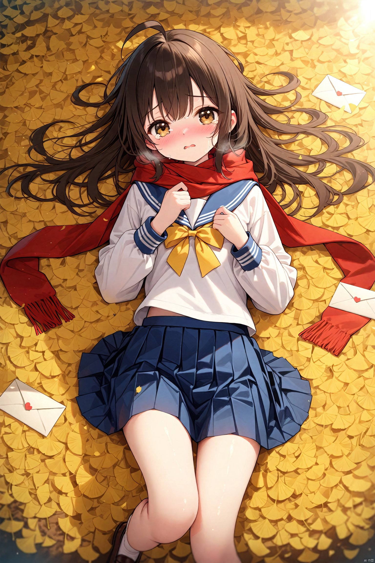 (masterpiece),(best quality),illustration,ultra detailed,hdr,Depth of field,(colorful),loli,1girl,solo,school uniform,skirt,scarf,lying,serafuku,on back,long sleeves,autumn,blue skirt,looking at viewer,sailor collar,bow,brown eyes,long hair,tears,autumn leaves,bangs,blue sailor collar,shirt,parted lips,pleated skirt,white shirt,envelope,ahoge,blurry,red scarf,black hair,crying,leaf,letter,crying with eyes open,yellow bow,outdoors,brown hair,bowtie,ginkgo leaf,from above,tearing up,blush<lora:EMS-300688-EMS:0.200000>, <lora:EMS-301024-EMS:0.100000>, <lora:EMS-311400-EMS:0.400000>, <lora:EMS-312802-EMS:0.200000>, <lora:EMS-266888-EMS:0.200000>, <lora:EMS-288516-EMS:0.100000>