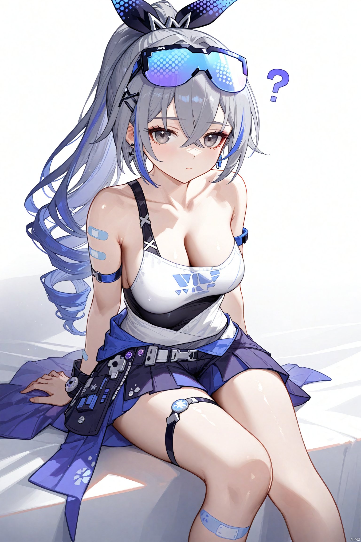 (masterpiece), (best quality), illustration, ultra detailed, hdr, Depth of field, (colorful),1girl, solo, bandaid, breasts, silver wolf (honkai: star rail), grey hair, ?, long hair, looking at viewer, grey eyes, simple background, white background, jewelry, medium breasts, collarbone, earrings, hair between eyes, cleavage, eyewear on head, goggles on head, crossed bangs, bandaid on arm, closed mouth, goggles, sitting, bare shoulders, bandaid on leg, ponytail<lora:EMS-311400-EMS:0.400000>, <lora:EMS-312802-EMS:0.200000>, <lora:EMS-266888-EMS:0.200000>, <lora:EMS-288516-EMS:0.100000>, <lora:EMS-300688-EMS:0.200000>, <lora:EMS-301024-EMS:0.100000>