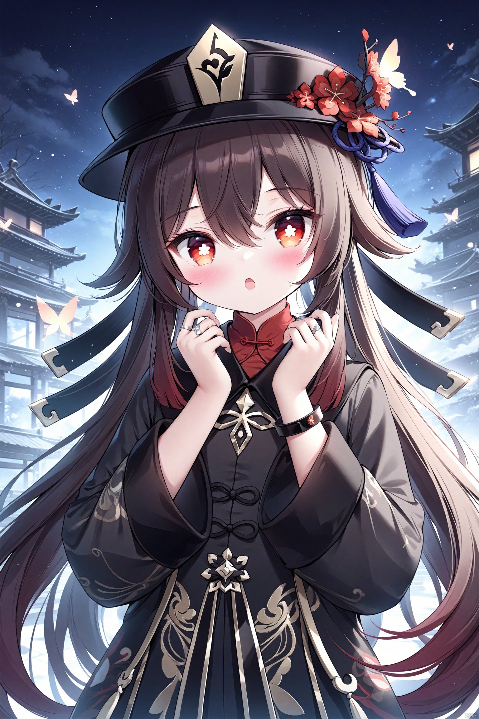 (masterpiece),(best quality),illustration,ultra detailed,hdr,Depth of field,(colorful),chen bin, 1girl, hu_tao_(genshin_impact), solo, long_hair, brown_hair, hat, long_sleeves, flower, jewelry, red_eyes, black_headwear, ring, blush, hat_flower, symbol-shaped_pupils, very_long_hair, bug, butterfly, open_mouth, hair_between_eyes, hands_up, flower-shaped_pupils, upper_body, red_flower, night, bracelet, red_shirt, chinese_clothes, shirt, looking_at_viewer, :o, coat, glowing_butterfly<lora:EMS-266888-EMS:0.200000>, <lora:EMS-288516-EMS:0.100000>, <lora:EMS-300688-EMS:0.200000>, <lora:EMS-301024-EMS:0.100000>, <lora:EMS-311400-EMS:0.400000>, <lora:EMS-312802-EMS:0.200000>