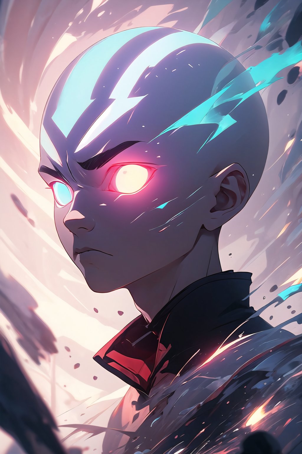 1boy, avatar, male focus, bald, abstract art, solo, glowing eyes, glowing
,glowing