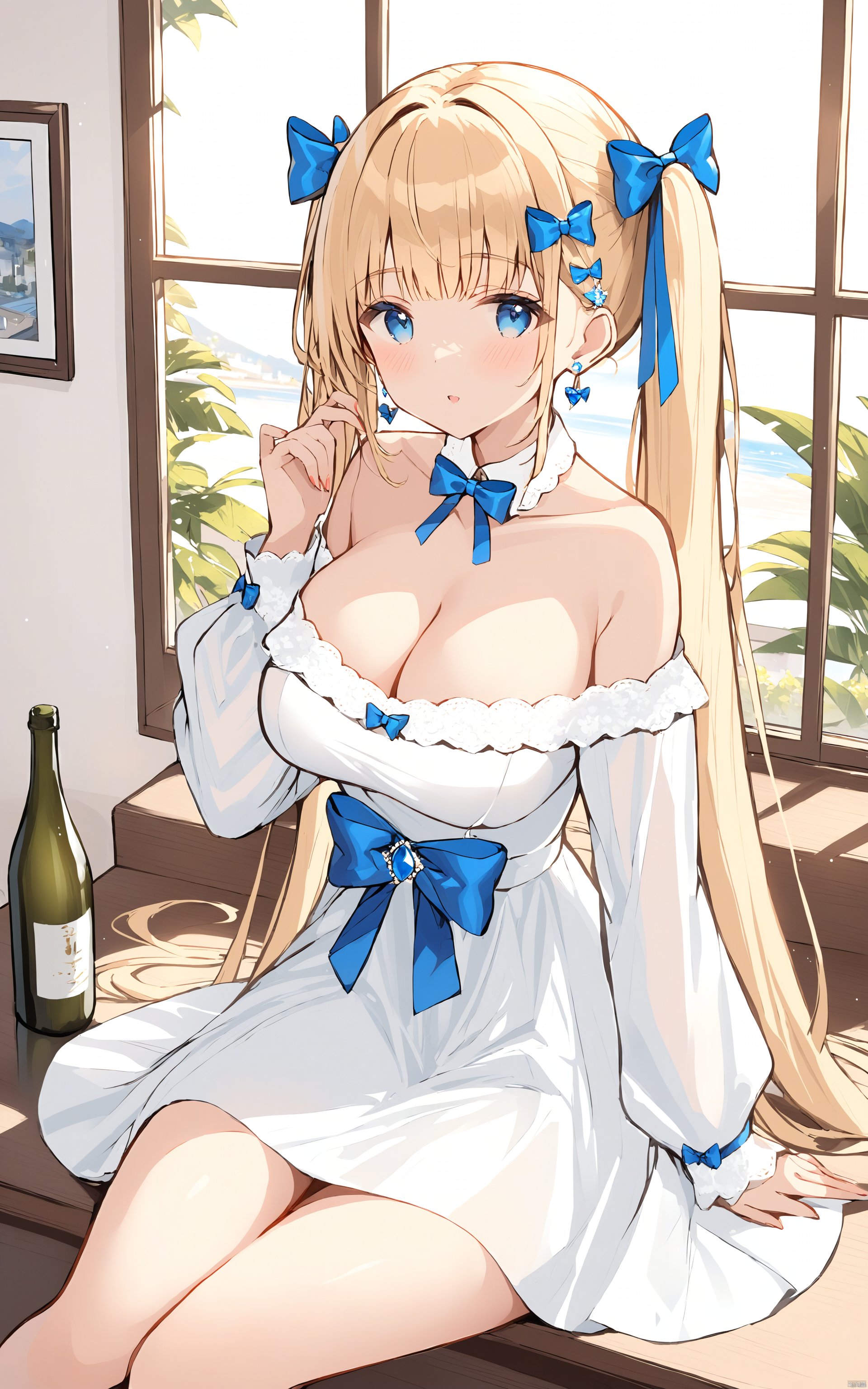  (best quality), ((masterpiece))1girl, breasts, jewelry, solo, cleavage, dress, long hair, blonde hair, long sleeves, bare shoulders, blue eyes, earrings, looking at viewer, off-shoulder dress, white dress, hair bow, bow, off shoulder, indoors, large breasts, bottle, twintails, sitting, hand up, bangs, parted lips, window, collarbone, blush, very long hair, hair ornament, sidelocks, detached collar