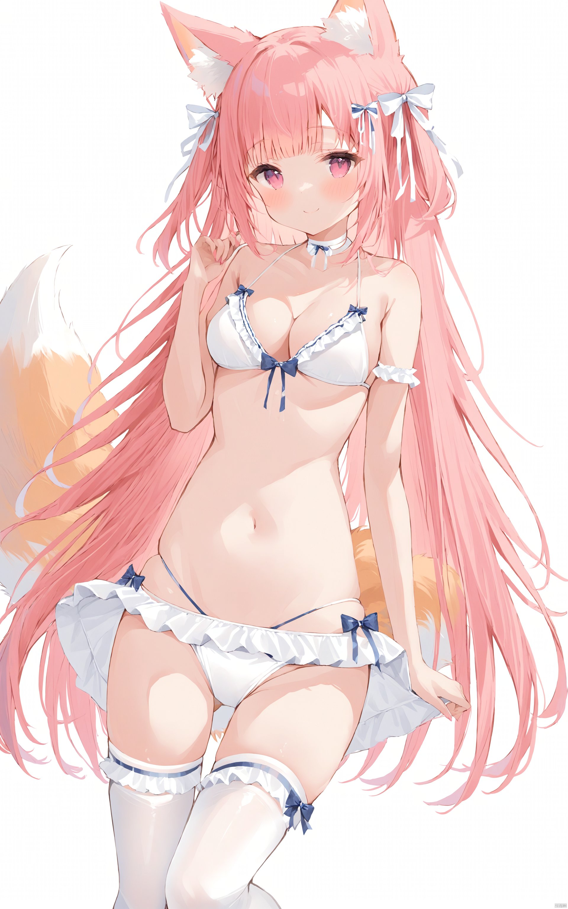  (best quality), ((masterpiece))Thin lines, 1girl, solo, animal ears, breasts, tail, thighhighs, pink hair, frills, long hair, single thighhigh, animal ear fluff, navel, looking at viewer, fox ears, white thighhighs, fox tail, cleavage, bangs, very long hair, fox girl, ribbon, white background, smile, blush, pink eyes, closed mouth, hair ribbon, swimsuit, white bra, white bikini, white choker, bikini, medium breasts, tail raised, underwear, bow, bare shoulders