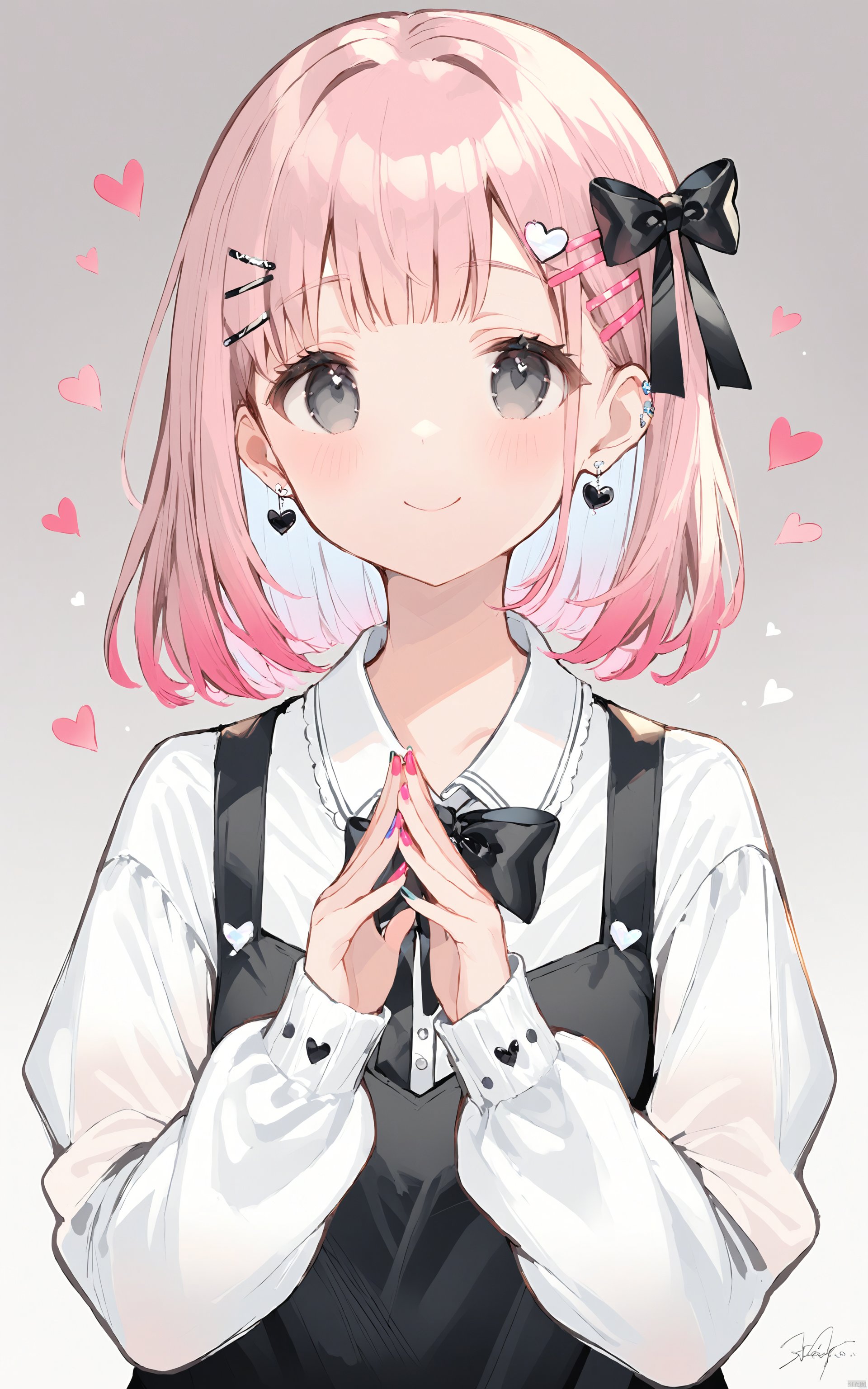  (best quality), ((masterpiece))1girl, solo, steepled fingers, upper body, closed mouth, hairclip, white background, long sleeves, heart, blush, puffy long sleeves, hair ornament, black bow, puffy sleeves, bow, smile, bangs, nail polish, jewelry, sleeves past wrists, pink hair, hands up, grey eyes, earrings, shirt, looking at viewer, gradient background, simple background, gradient, multicolored nails, signature, collared shirt