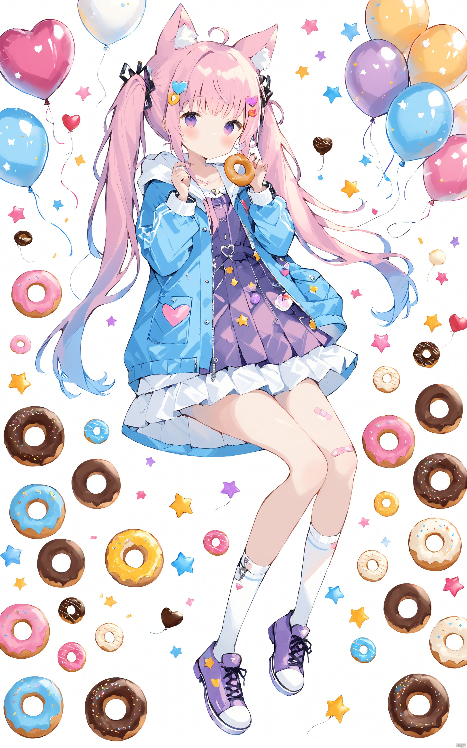  (best quality), ((masterpiece))solo, 1girl, doughnut, jacket, handcuffs, animal ears, ice cream cone, food, cuffs, ice cream, shoes, open jacket, long hair, balloon, very long hair, animal ear fluff, twintails, open clothes, hair ornament, socks, hood down, hooded jacket, bangs, white socks, white background, star \(symbol\), full body, dress, hood, looking at viewer, blush, purple eyes, bandaid, hands up, purple jacket, purple dress, closed mouth, blue jacket, pink hair, heart balloon, purple footwear