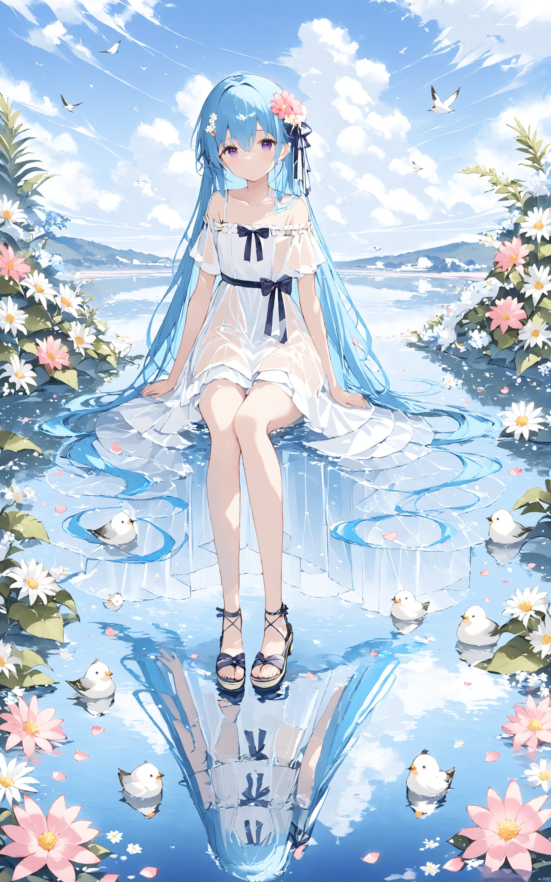  (best quality), ((masterpiece))1girl, solo, flower, long hair, hair ornament, dress, hair flower, bangs, outdoors, sitting, looking at viewer, white dress, closed mouth, hair ribbon, bird, blue hair, sky, very long hair, water, day, bare shoulders, ribbon, cloud, see-through, sandals, short sleeves, purple eyes, toes, blue sky, white flower, collarbone, reflection, off shoulder, full body, off-shoulder dress, pink flower, hair between eyes, bare legs, petals