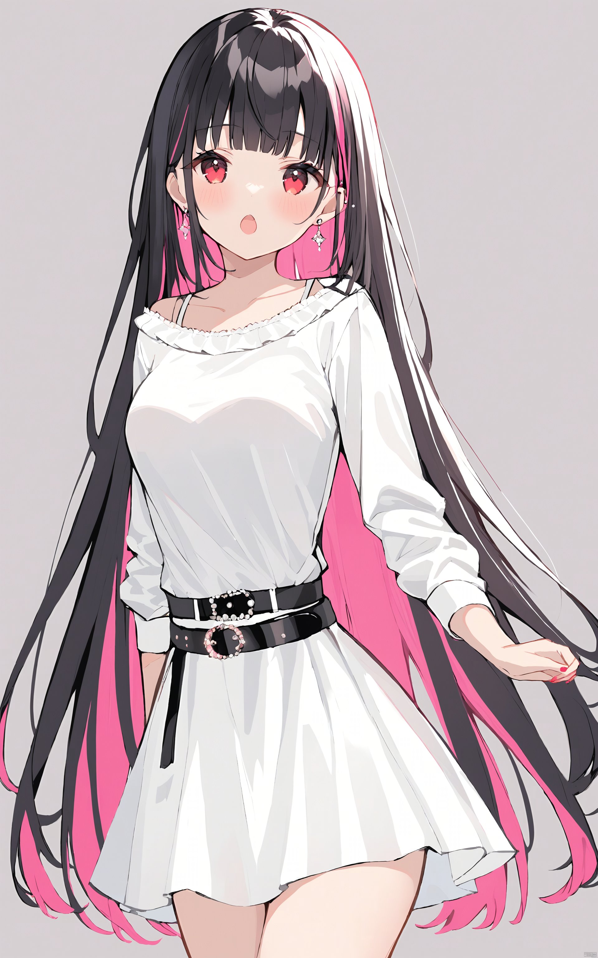  (best quality), ((masterpiece))1girl, solo, black hair, multicolored hair, long hair, bangs, dress, belt, long sleeves, jewelry, looking at viewer, breasts, earrings, colored inner hair, pink hair, white dress, black belt, red eyes, open mouth, blush, two-tone hair, cowboy shot, blunt bangs, simple background, collarbone, very long hair, medium breasts, :o