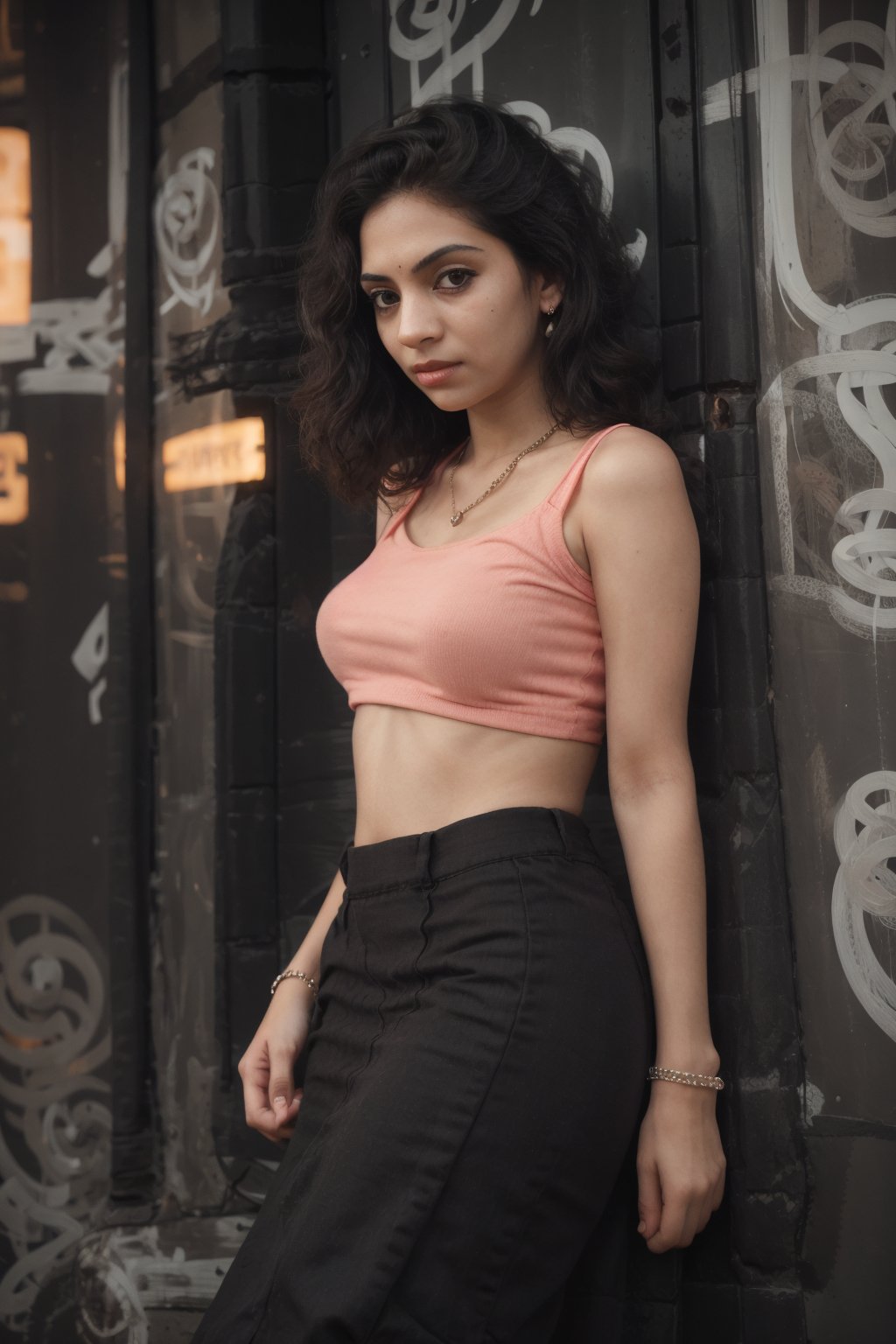 neon, cyberpunk, 1girl, solo, slim  sexy pose, long hair, big breasts, looking at viewer, skirt, black hair, hair ornament, navel, bare shoulders, brown eyes, jewelry, standing, earrings, midriff, pants, dark skin, necklace, bracelet, dark-skinned female, lips, crop top, ring, walking, long skirt, realistic, nose, neon lights,Futuristic room,20 years old women,CyberpunkWorld,realism,photorealistic,navel,yellow eyes