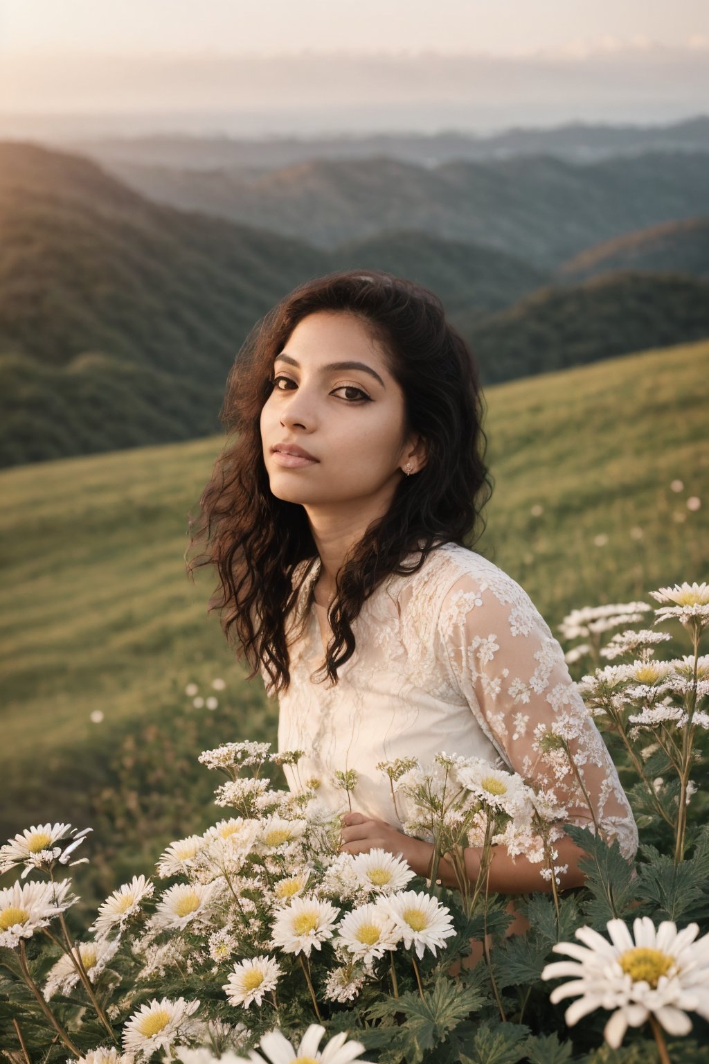Captured through the meticulous lens of a Canon EOS 5D Mark IV, this photograph embodies the serene beauty of a young woman beside a field of white chrysanthemums. Utilizing a 50mm f/1.8 lens, the image is bathed in the soft, natural light of the golden hour, enhancing the ethereal atmosphere. The composition is thoughtfully arranged, with the subject positioned slightly off-center, allowing the vast, vibrant field of flowers to envelop her, creating a harmonious balance between human and nature. Shot from a low angle, the perspective elevates the woman, giving a sense of unity and prominence amidst the delicate blooms. The color palette is dominated by the pure whites of the chrysanthemums, contrasted against the subtle greens of their stems, and the warm tones of the subject's attire, creating a soothing, yet captivating visual experience.,1girl,photorealistic,yellow eyes