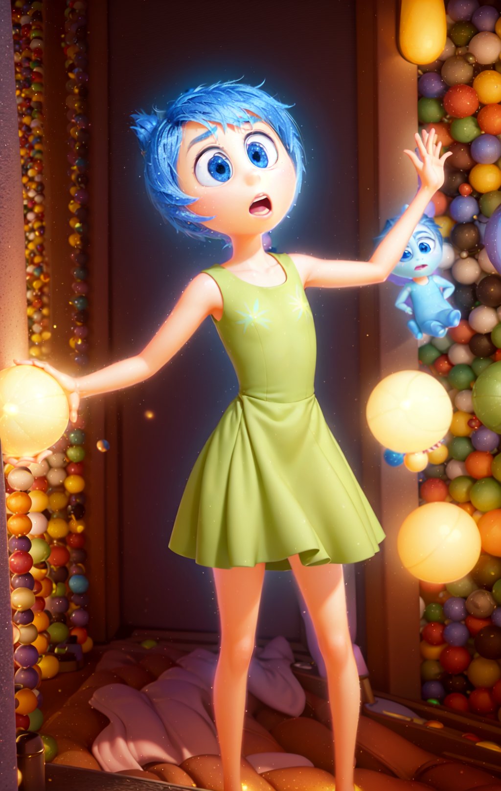 masterpiece, best quality, (Joy_InsideOut, yellow skin), looking at a glowing ball, sad, green dress,  pixar, cartoon, 3d render, <lora:Joy_InsideOutv1-000001:0.9>