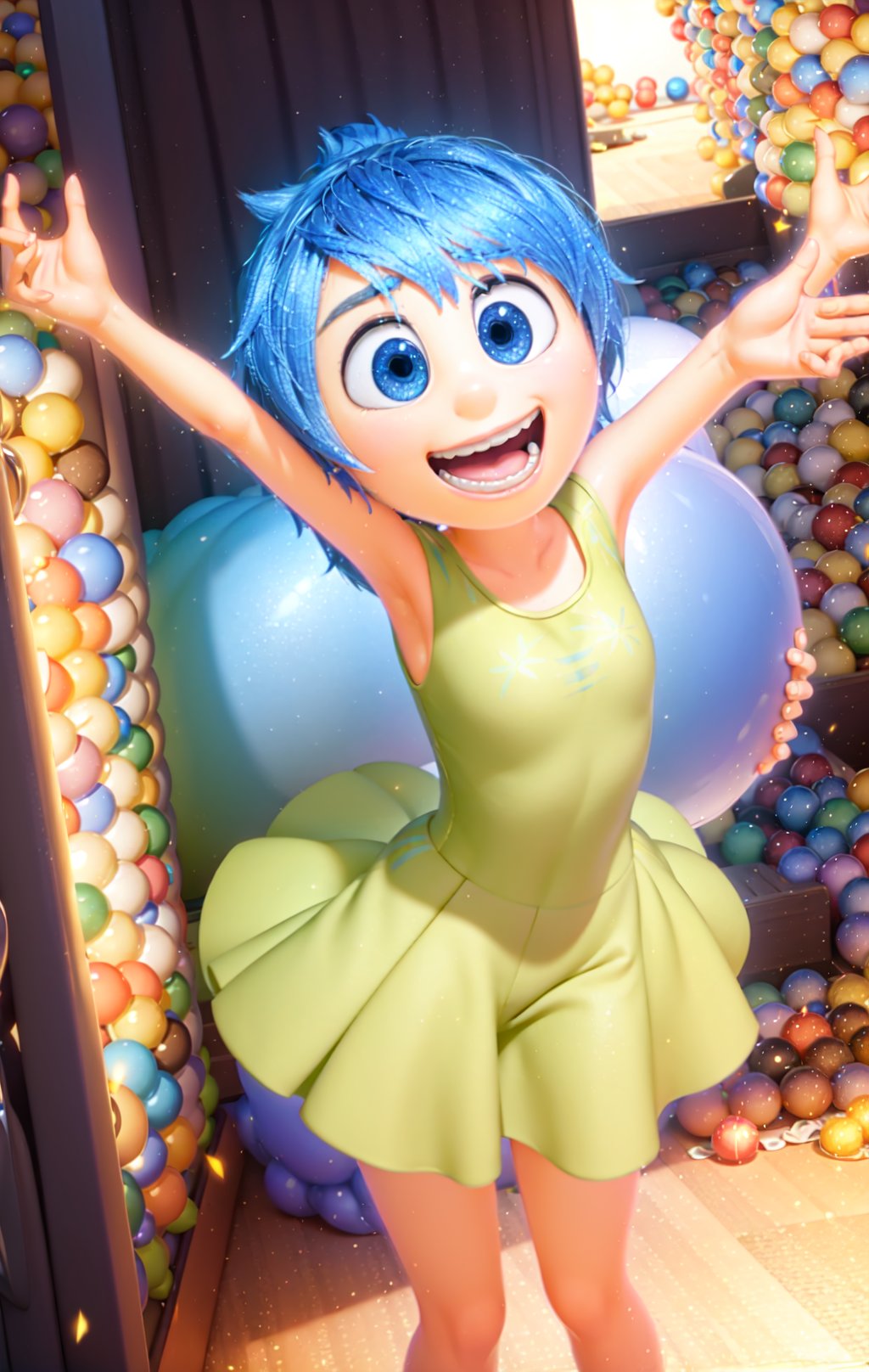 masterpiece, best quality, (Joy_InsideOut, yellow skin), in a ball pit, happy, laughing, green dress,  pixar, cartoon, 3d render, <lora:Joy_InsideOutv1-000001:0.9>