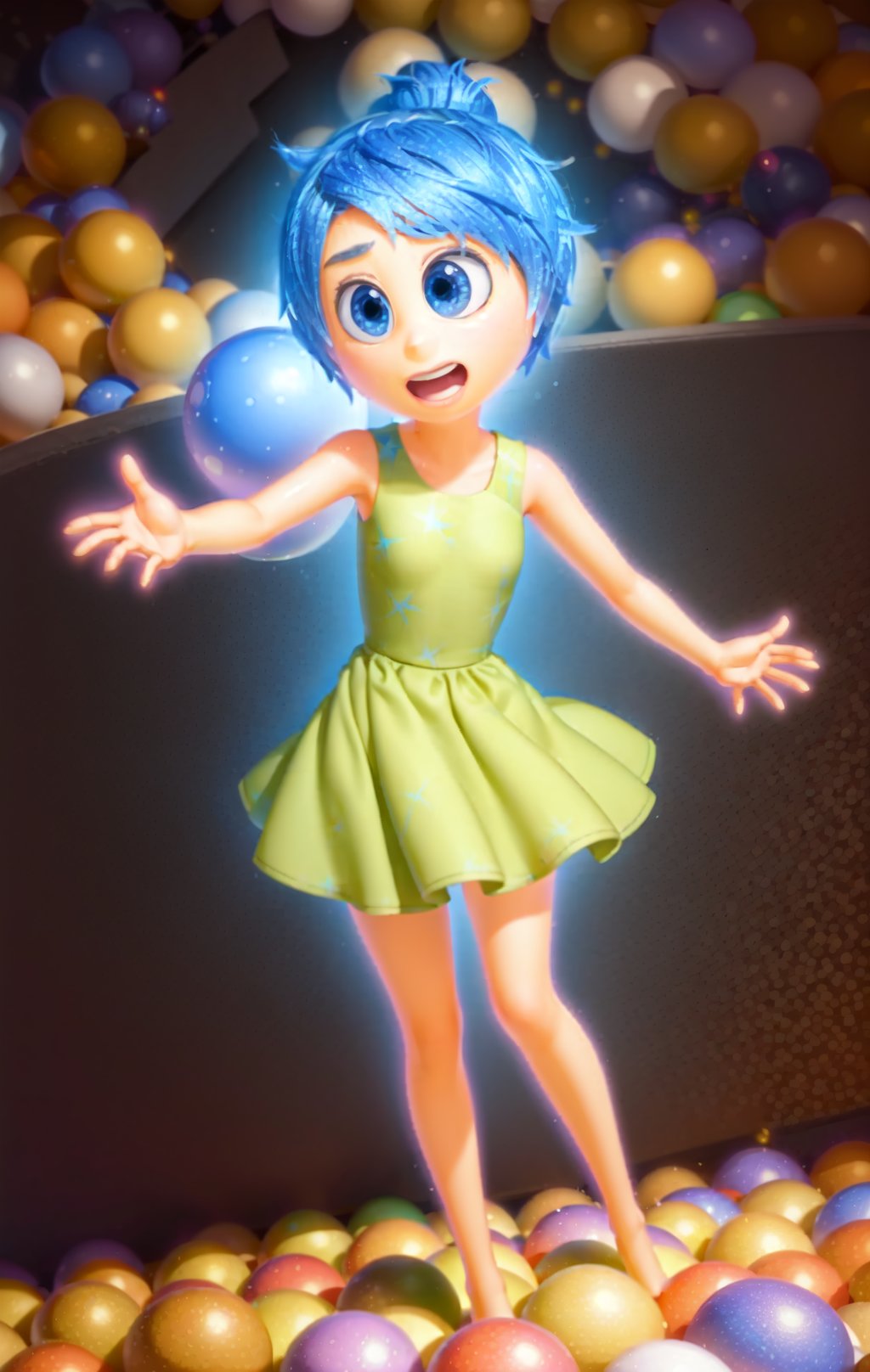 masterpiece, best quality, (Joy_InsideOut, yellow skin), in a ball pit, hundreds of glowing balls, happy, green dress,  pixar, cartoon, 3d render, <lora:Joy_InsideOutv1-000001:0.9>