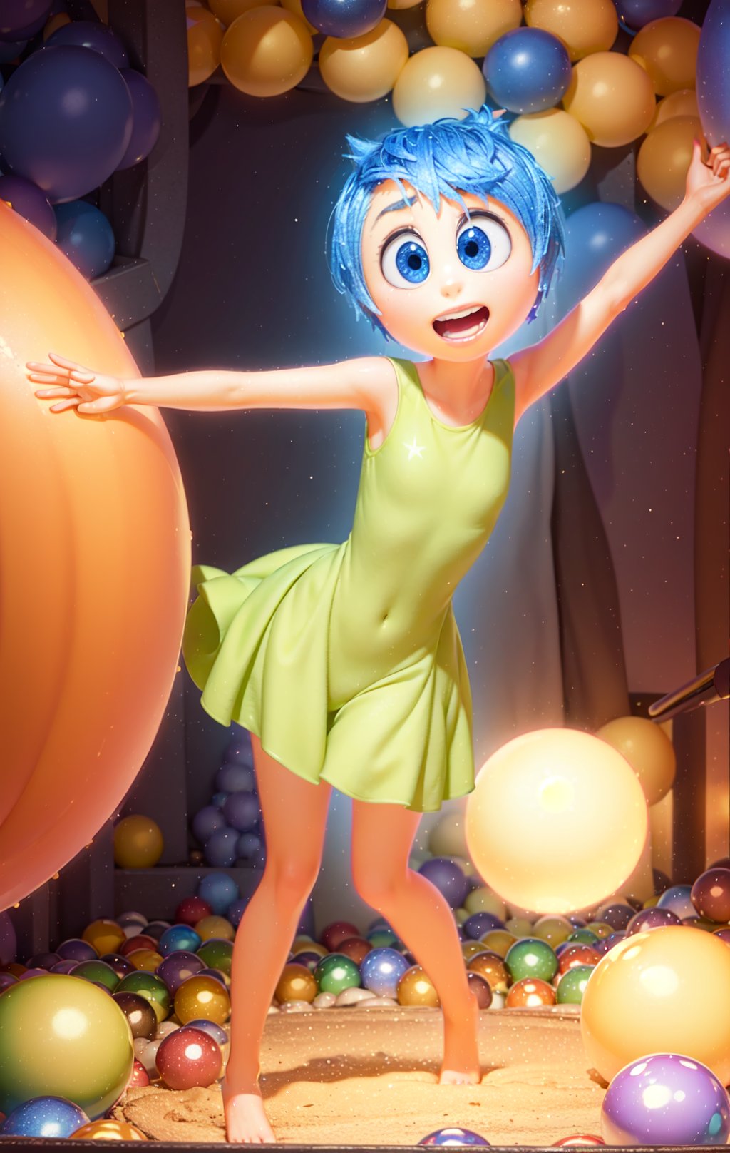 masterpiece, best quality, (Joy_InsideOut, yellow skin, in a ball pit, glowing spheres, ),  happy, green dress,  pixar, cartoon, 3d render, <lora:Joy_InsideOutv1-000001:0.9>