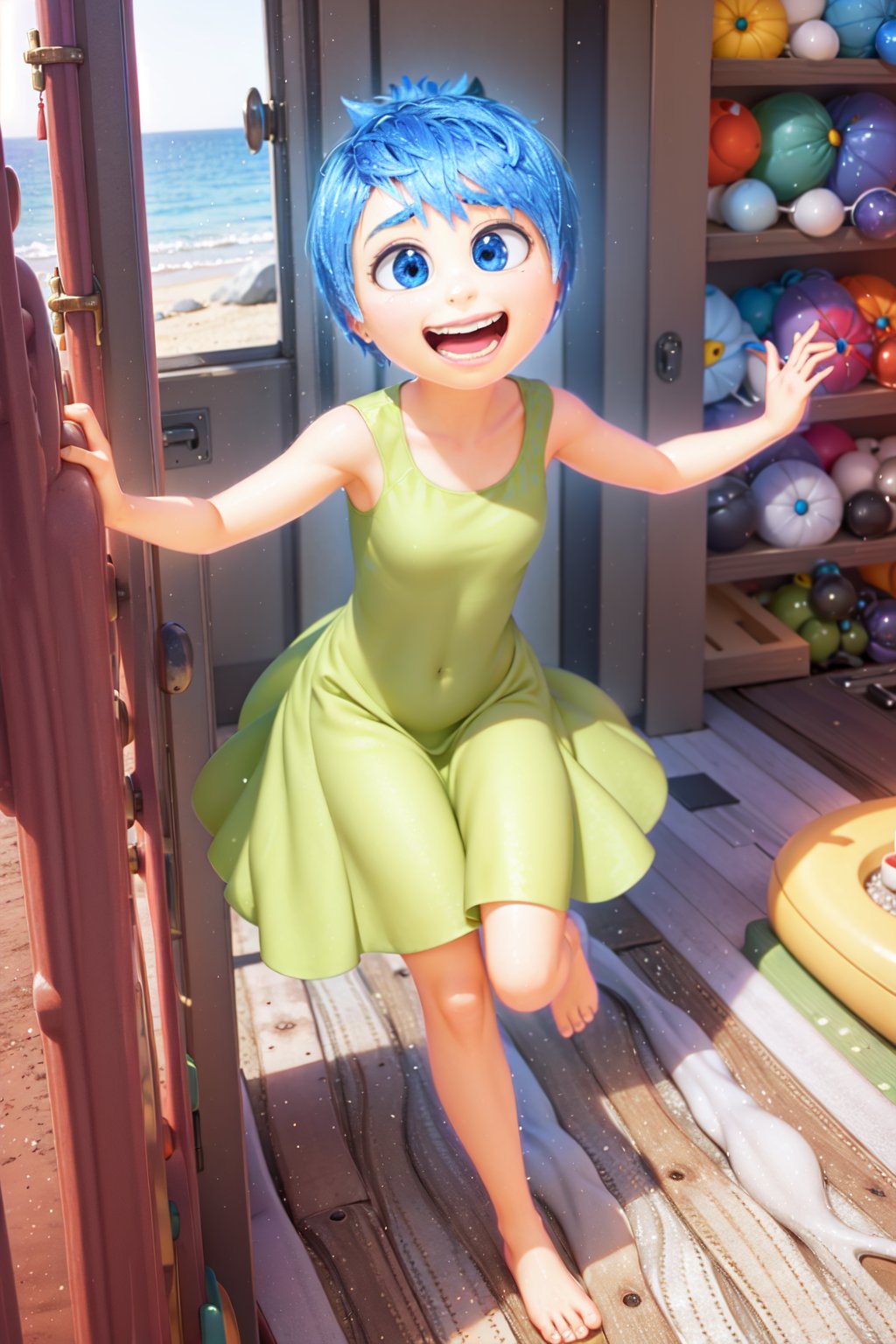 masterpiece, best quality, Joy_InsideOut, (chibi:0.5), laughing,  green dress, bare foot, cartoon, 3d render, sfw, <lora:Joy_InsideOutv1-000001:0.9>