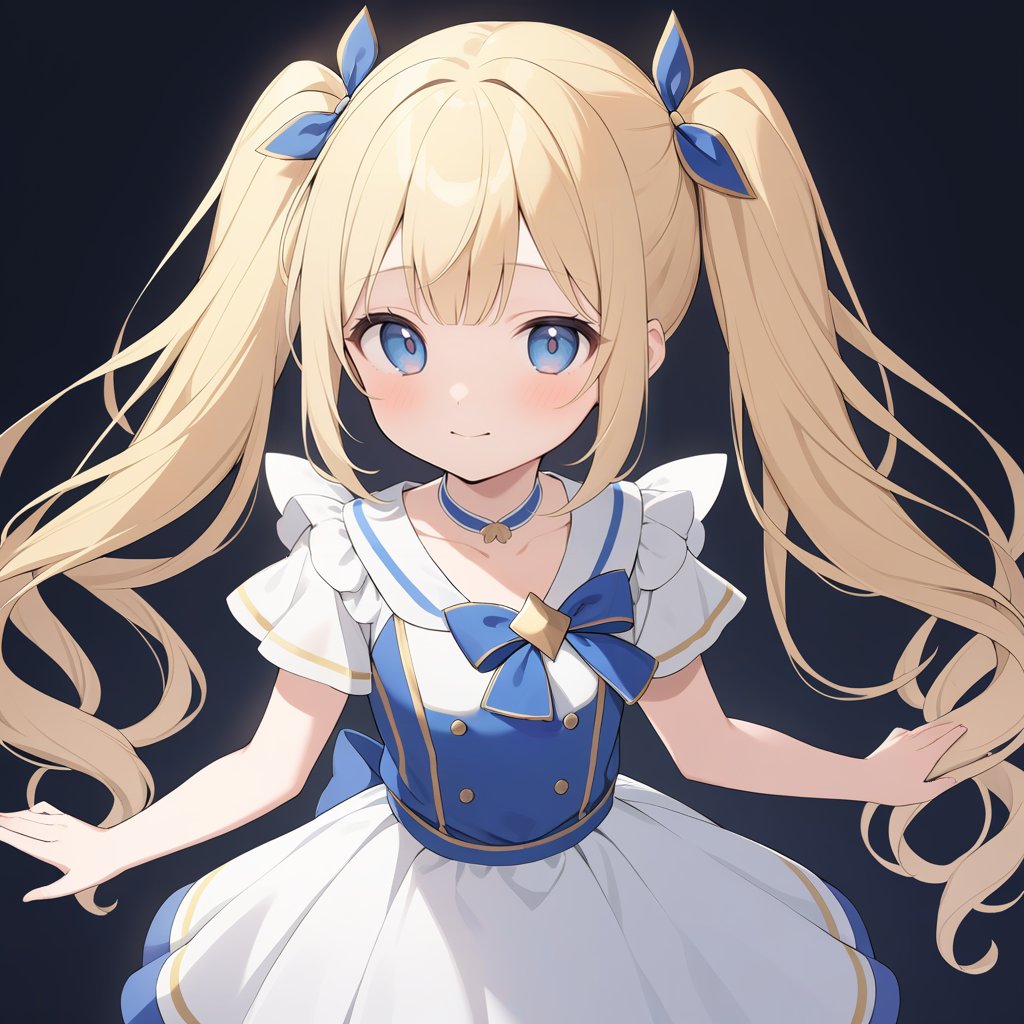 1gril\(12-year-old girl with golden twin tails, a childish face, deep blue eyes,blonde hair,chest\),
Wearing a cute dress,
Innocent and pure