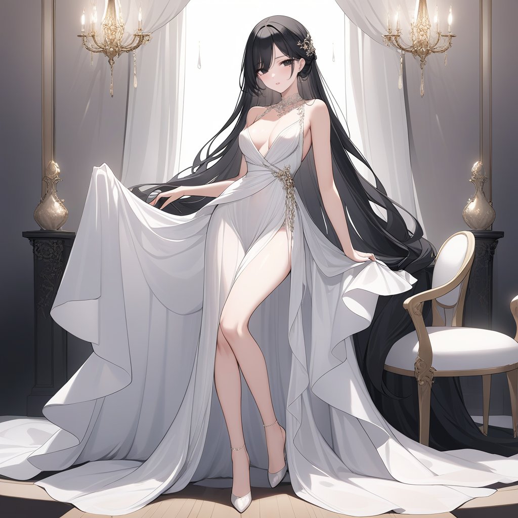 1gril\(sophisticated 32-year-old European noblewoman with long black hair, a teardrop mole near her right eye, and statuesque long legs,black eyes,C CUP\),
Draped in delicate chiffon fabric, adorned with a luxurious gown and exquisite clothing,Exuding sensuality, intelligence, and elegance