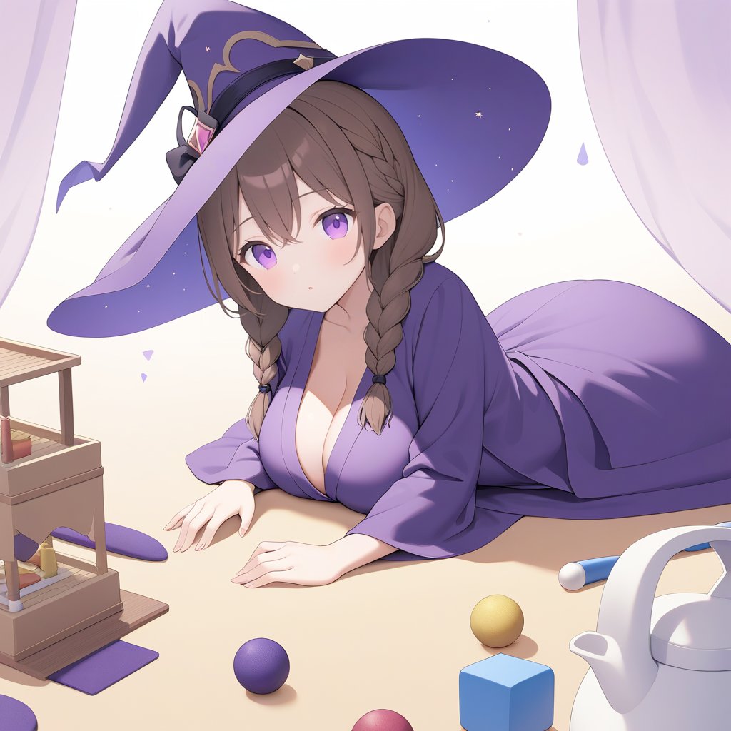 1gril\(25-year-old woman with brown hair tied in two braids,big breasts,purple eyes\),Wearing a purple cloth robe, adorned with a purple witch hat,
playfu,mysterious