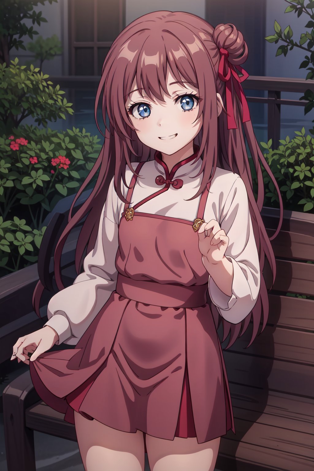 (masterpiece, best quality), solo, 1girl, lustrous skin, long hair, brown hair, blue eyes, chinese shirt, pink shirt, red trim, knot ribbon, dark blue skirt, smile, grin, outdoors, standing<lora:EMS-321948-EMS:0.500000>