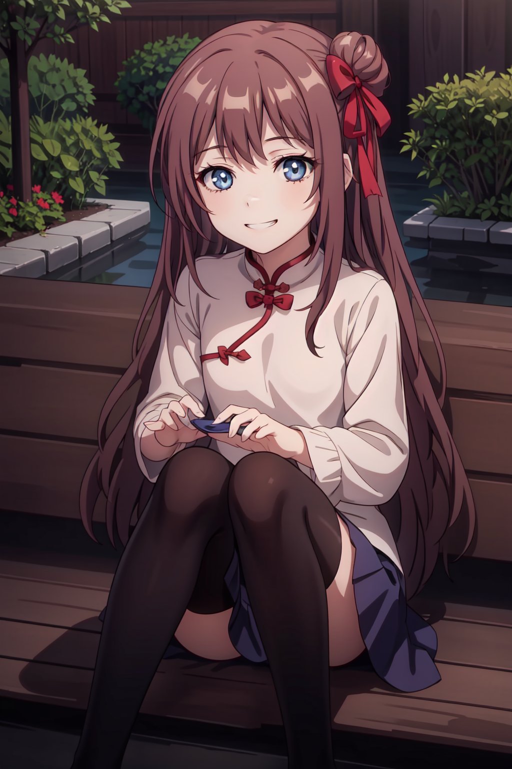 (masterpiece, best quality), solo, 1girl, lustrous skin, long hair, brown hair, blue eyes, chinese shirt, red trim, knot ribbon, dark blue skirt, smile, grin, outdoors<lora:EMS-321948-EMS:0.500000>