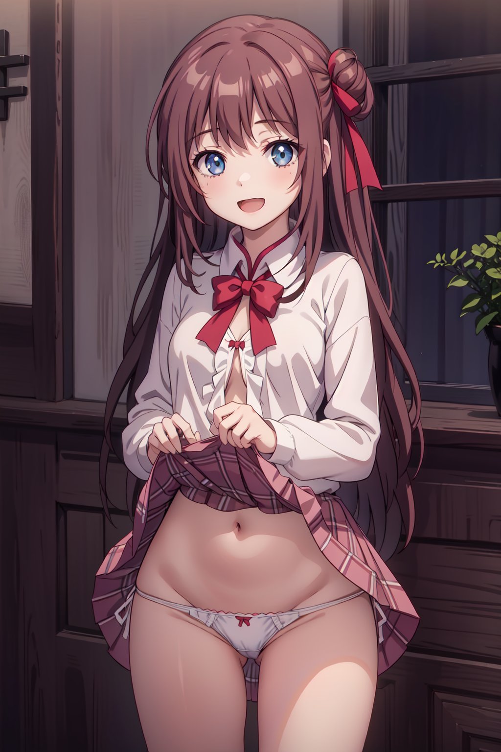 (masterpiece, best quality), solo, 1girl, lustrous skin, long hair, brown hair, blue eyes, string underwears, white underwears, pink chinese shirt, red trim, knot ribbon, dark blue skirt, skirt lift, smile, open mouth, long hair, skirt_lift,clothes lift,skirtlift,skirt_lift<lora:EMS-321948-EMS:0.400000>, <lora:EMS-1252-EMS:0.800000>