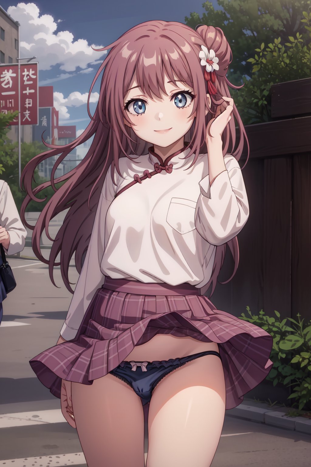 (masterpiece, best quality), 1girl, lustrous skin, long hair, string underwears, white undewears,windlift, wide skirt, mini skirt, pink chinese shirt, dark blue skirt, adjusting-one-hand, hand up, hand in own hair,wind lift, outdoors, smile<lora:EMS-297277-EMS:0.700000>, <lora:EMS-321948-EMS:0.500000>, <lora:EMS-70169-EMS:0.700000>