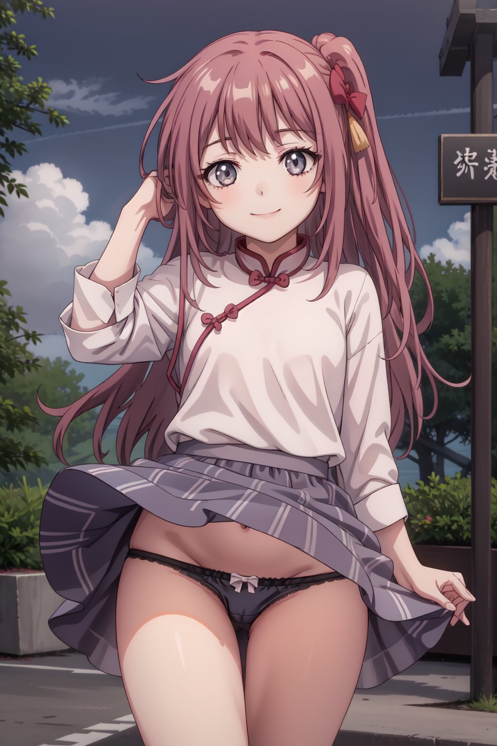 (masterpiece, best quality), 1girl, lustrous skin, long hair, string underwears, white undewears,windlift, pink chinese shirt, dark blue skirt, adjusting-one-hand, hand up, hand in own hair,wind lift, outdoors, smile<lora:EMS-297277-EMS:0.700000>, <lora:EMS-321948-EMS:0.500000>, <lora:EMS-70169-EMS:0.800000>