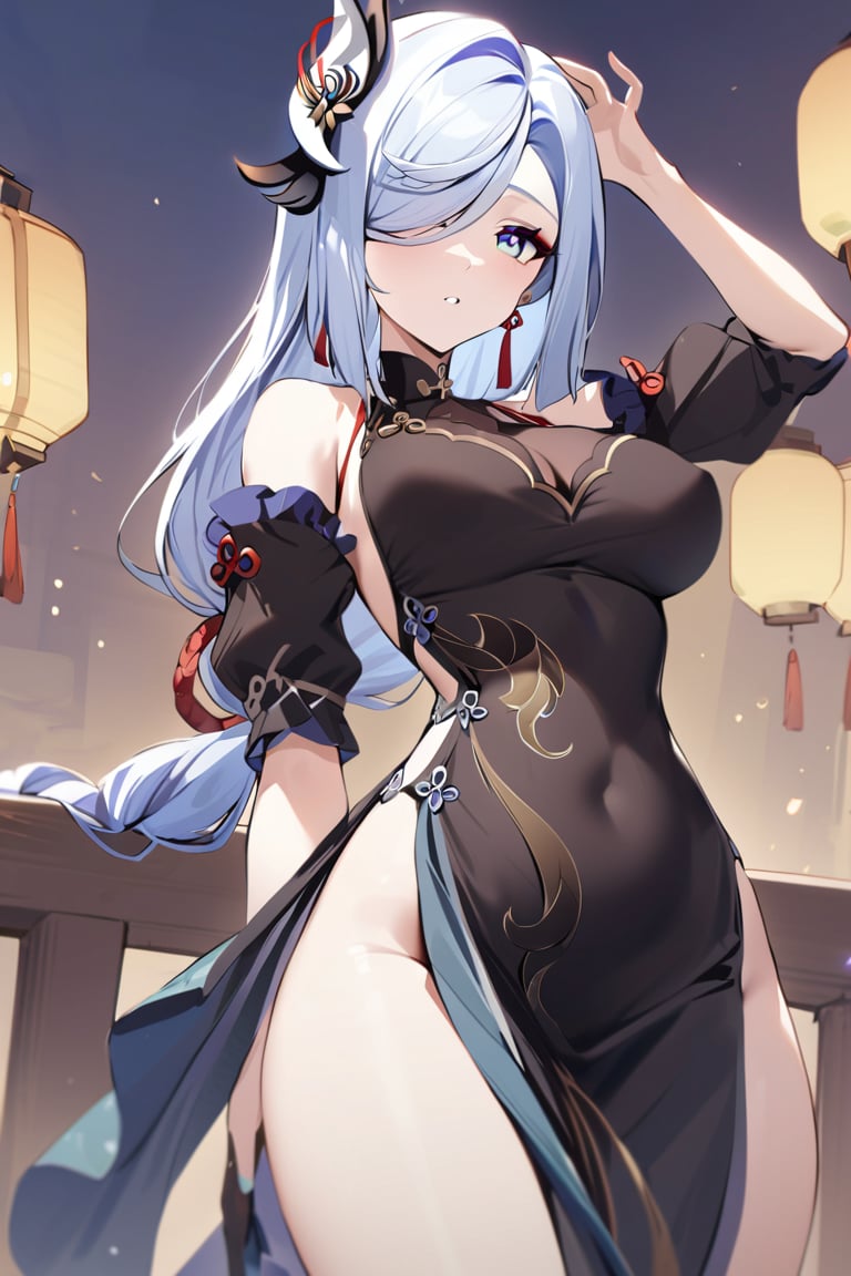 best quarity, masterpiece, 1girl,shenhe_\(genshin_impact\),solo,long_hair,breasts,hair_over_one_eye,dress,hair_ornament,black_dress,lantern,bangs,chinese_clothes,earrings,jewelry,blue_eyes, sexy, sexy pose