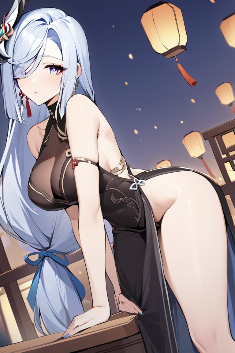 best quarity, masterpiece, 1girl,shenhe_\(genshin_impact\),solo,long_hair,breasts,hair_over_one_eye,dress,hair_ornament,black_dress,lantern,bangs,chinese_clothes,earrings,jewelry,blue_eyes, sexy, sexy pose